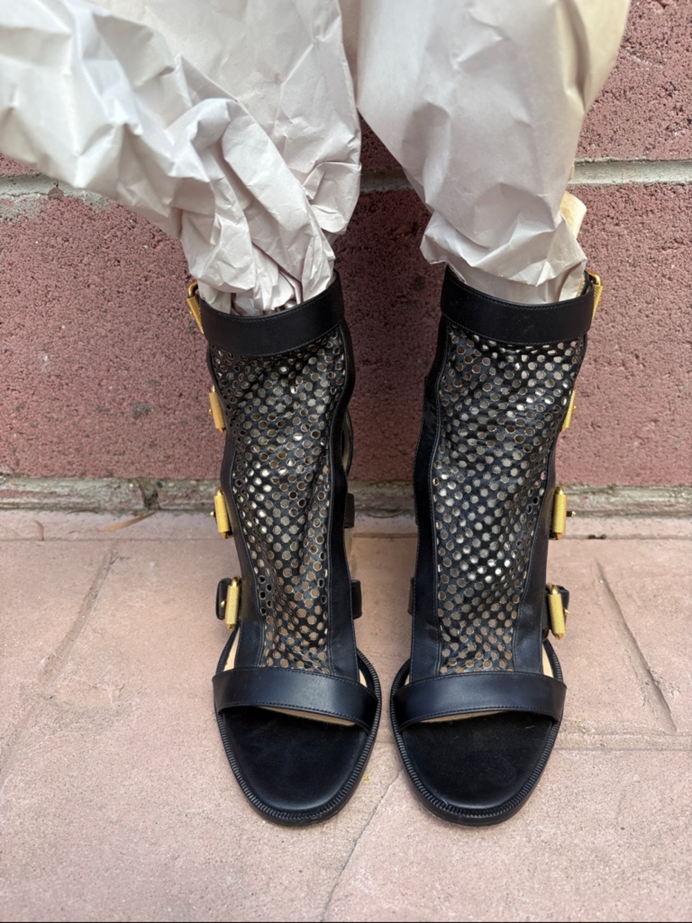 Christian Louboutin black and gold mesh sandals, sz 37